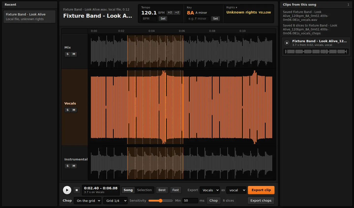 The GimmeDat editor with a fixture track opened from a local file. It reads 120.1 BPM and key 8A, A minor, with a yellow unknown-rights label. Three waveform lanes, mix, vocals and instrumental, share one playhead, with a 3.7 second region selected across them. The bottom bar holds play controls, Best and Fast split modes, a vocals export selector, and chop settings with 8 slices on a quarter-note grid.
