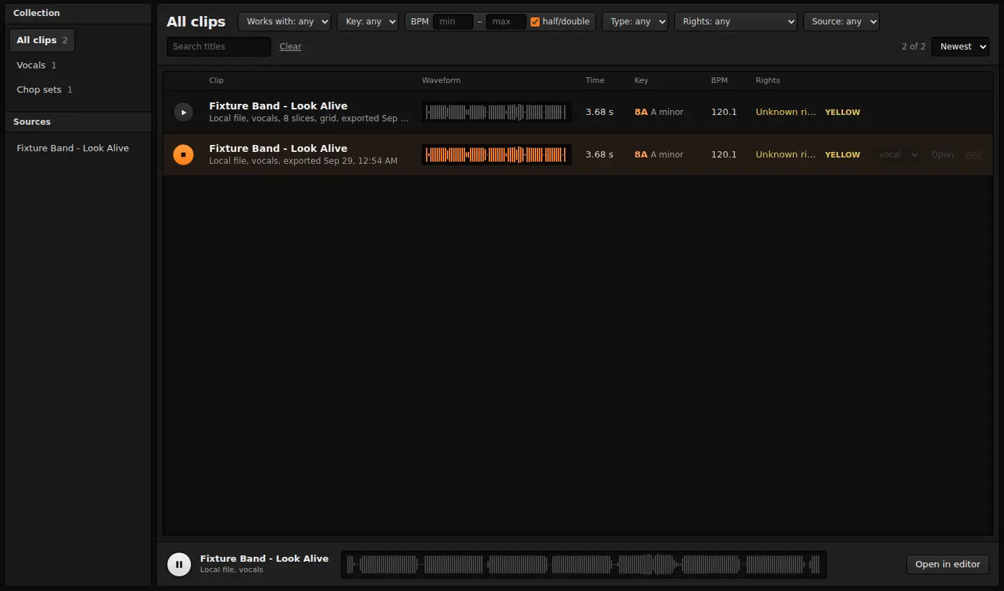 The GimmeDat library. Two exported items from the same local file, a vocal clip and a chop set, with filters for key compatibility, key, BPM range with half and double time, type, rights and source. Each row shows a waveform thumbnail, duration, key, BPM and a rights label, and a player bar along the bottom previews the selected clip.