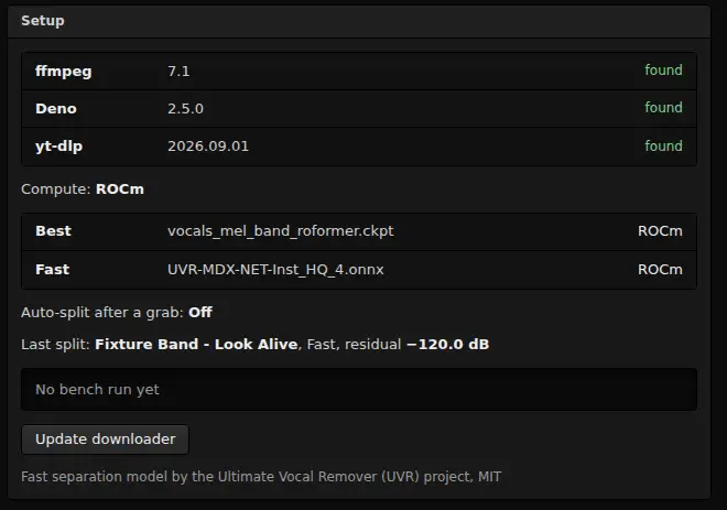The GimmeDat setup screen. A tool check lists ffmpeg, Deno and yt-dlp as found with their versions, the compute tier as ROCm, the Best and Fast separation models, the last split, and a credit line for the fast model's MIT licence.